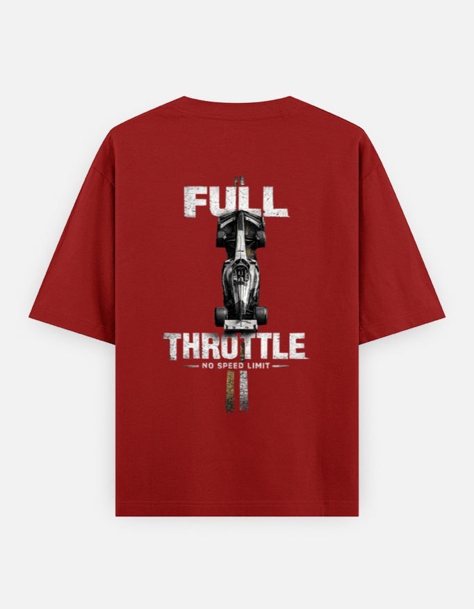 Print 999 red oversized motorsport t-shirt featuring a large Full Throttle race car graphic on the back.