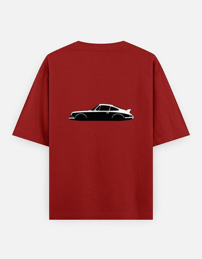 Print 999 Vintage Velocity oversized red cotton t-shirt with a black and white classic car graphic on the back