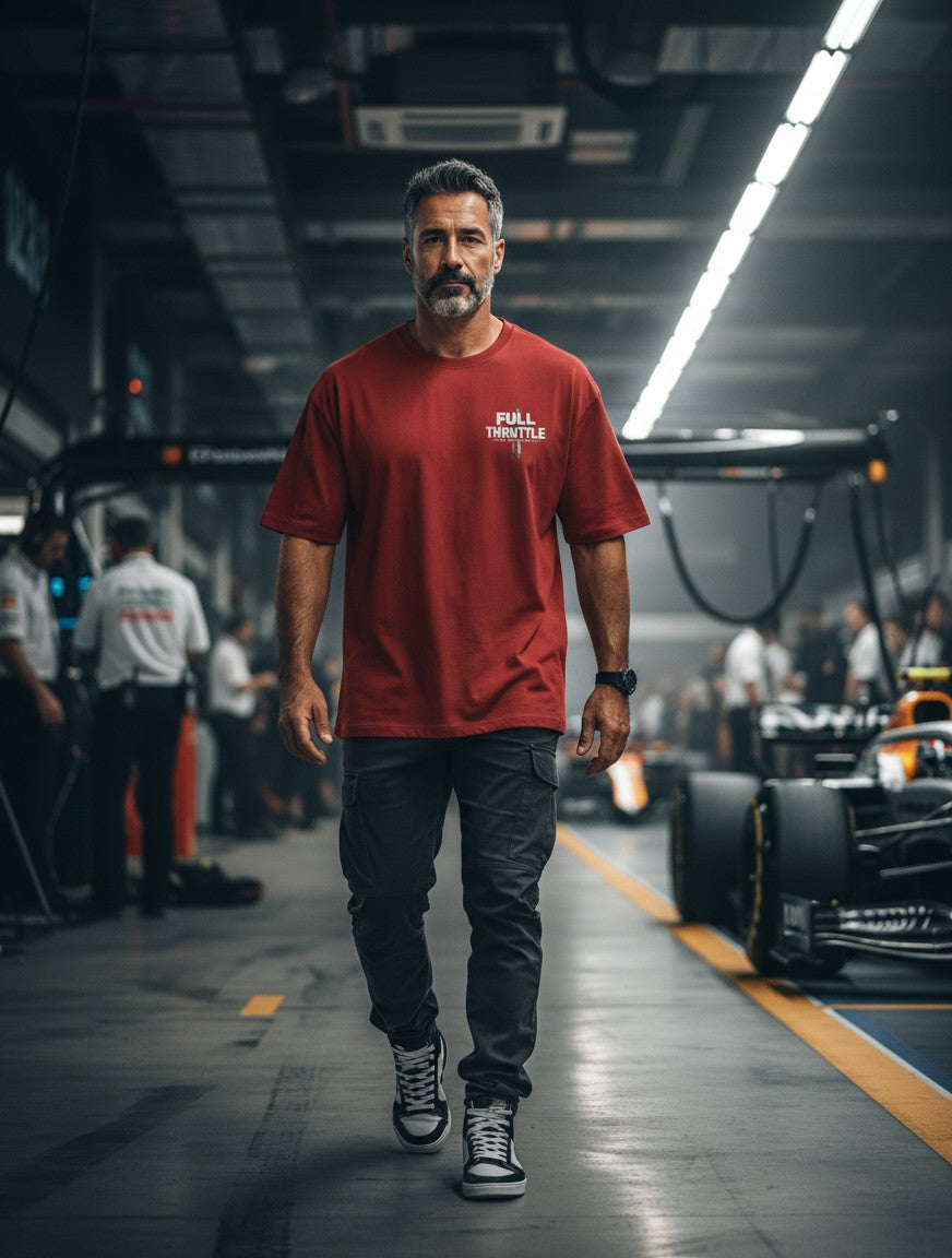 Print 999 red oversized cotton t-shirt with Full Throttle graphic worn by a man in a racing garage setting.