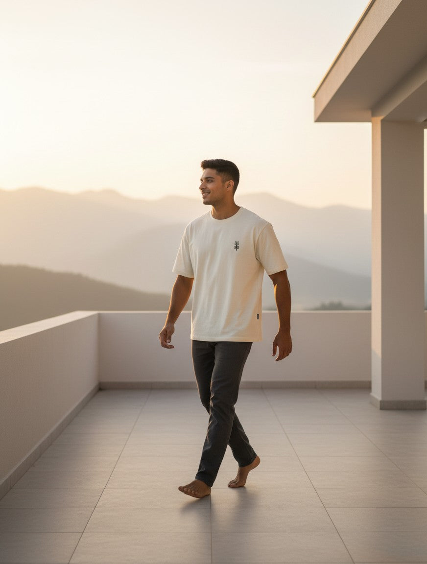 A man wearing a Print 999 oversized cream t-shirt with a minimal Shiva Trishul print, walking on a balcony at sunset.