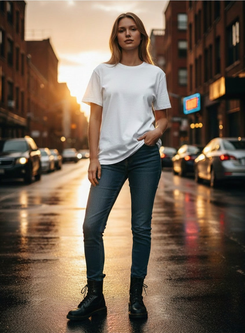 Woman wearing a Print 999 white poly-cotton crewneck t-shirt with a relaxed fit on a city street at sunset.