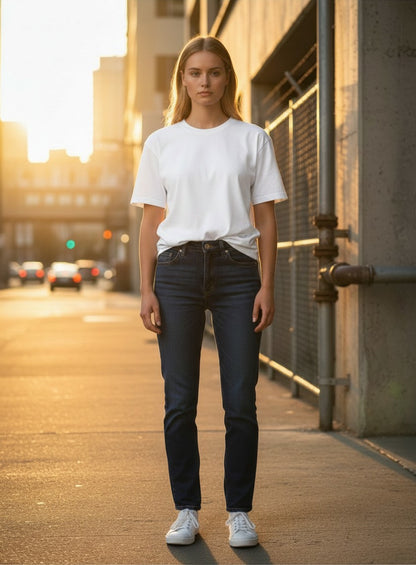 Print 999 white crewneck short sleeve t-shirt on a woman in a relaxed fit, styled with dark blue jeans at sunset.
