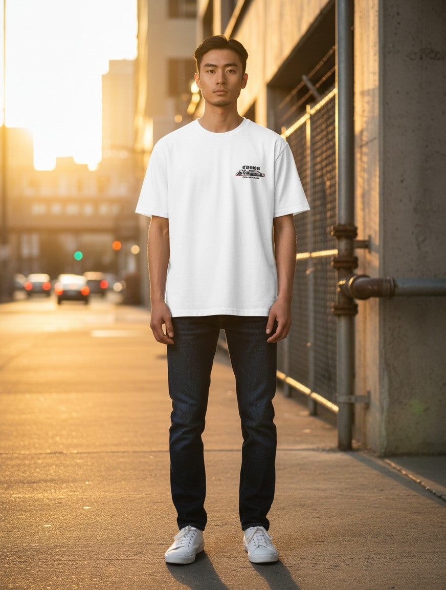 A man wearing a Print 999 white crewneck poly-cotton t-shirt with a relaxed fit, standing on an urban street at sunset.