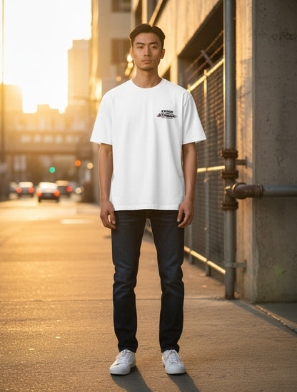 A man wearing a Print 999 white crewneck poly-cotton t-shirt with a relaxed fit, standing on an urban street at sunset.