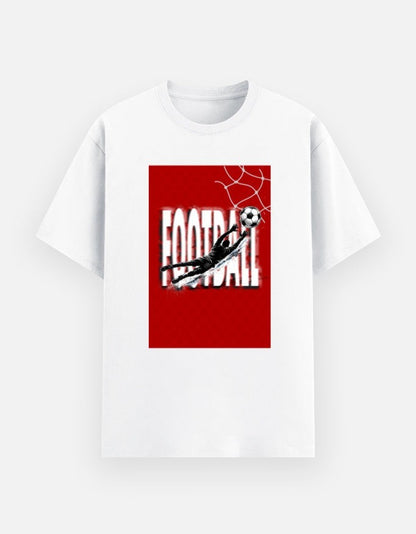 Print 999 white poly-cotton t-shirt featuring a red graphic of a goalkeeper saving a football in the net.