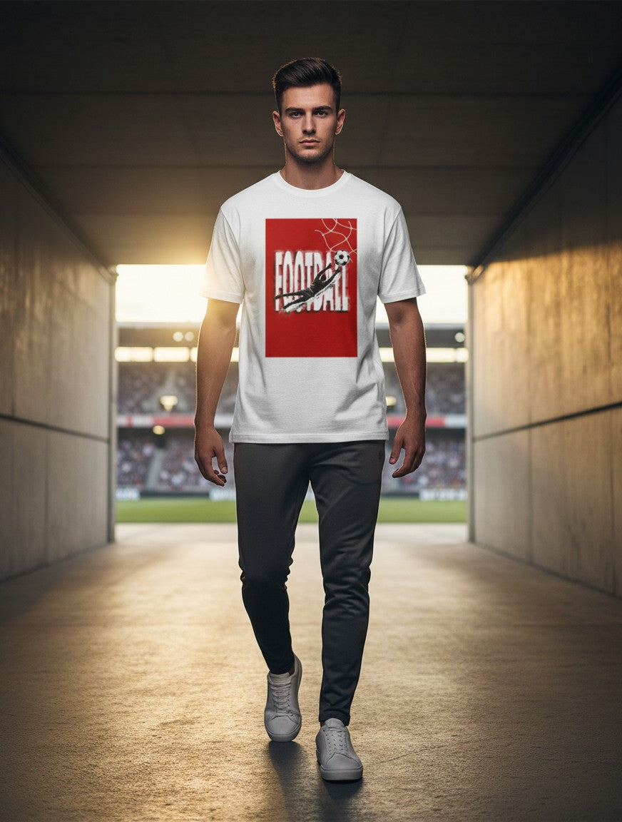 Print 999 white unisex graphic t-shirt featuring a red football World Cup design, worn by a man in a stadium tunnel.