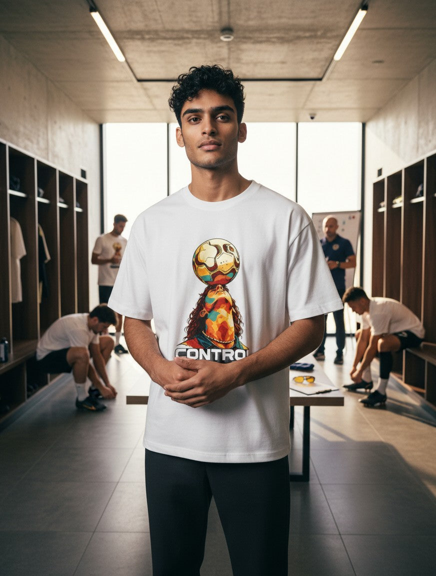 Print 999 white graphic t-shirt featuring a football control design worn by a man in a locker room setting.