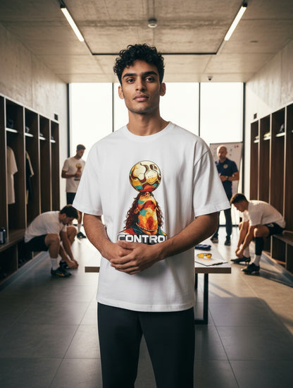 Print 999 white graphic t-shirt featuring a football control design worn by a man in a locker room setting.
