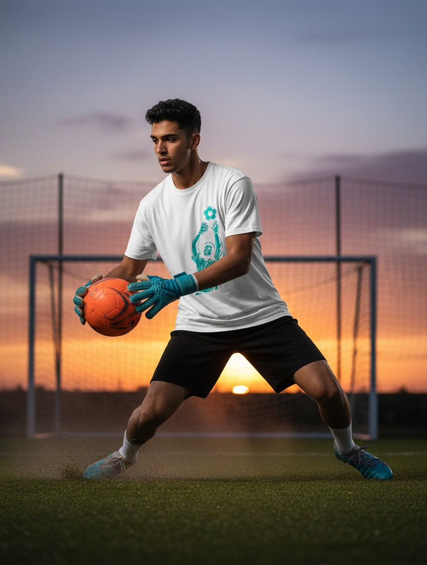 Print 999 white cotton graphic t-shirt worn by a goalkeeper catching a soccer ball on a field at sunset