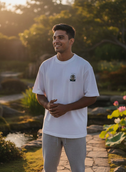 Print 999 white oversized cotton t-shirt with Peace is Power graphic worn by a smiling man in a garden setting