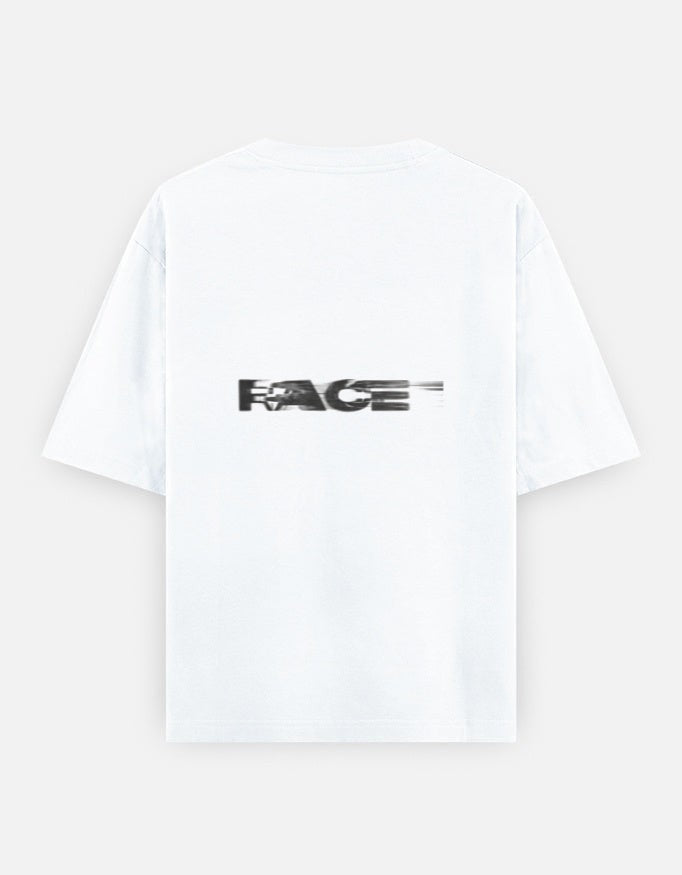 Print 999 white heavyweight cotton oversized t-shirt with black motion-blur Race graphic on the back