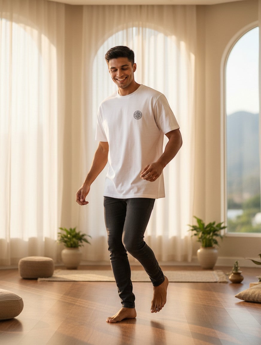 Print 999 white oversized t-shirt with embroidered Om Sri Yantra emblem worn by a smiling man in a bright studio