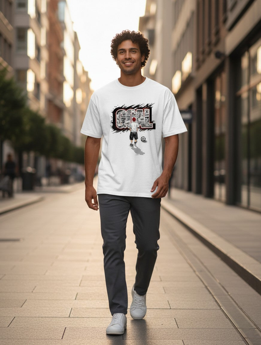 Print 999 white unisex poly-cotton graphic t-shirt featuring a soccer goal design worn by a man on a city street.