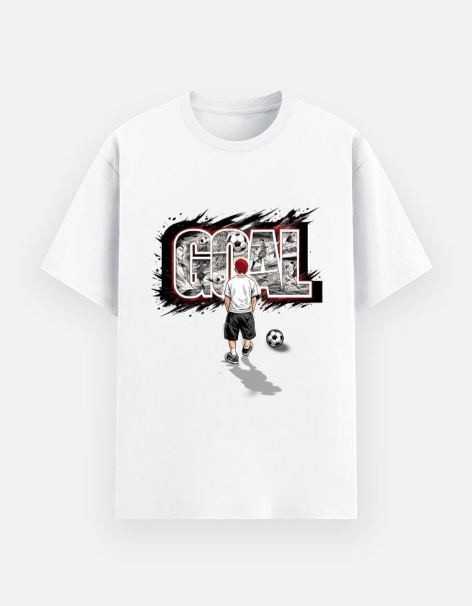 Print 999 white cotton t-shirt featuring a graphic of a soccer player and the word GOAL in a bold black frame.