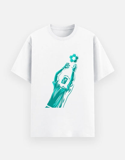 Print 999 white cotton crew neck t-shirt featuring a teal graphic of a soccer goalkeeper catching a ball.