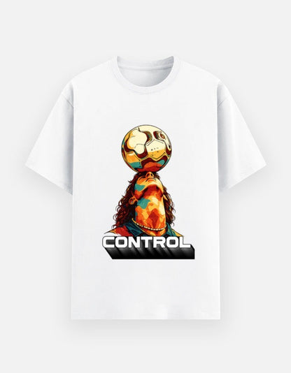 Print 999 white unisex poly-cotton graphic t-shirt featuring a colorful soccer player balancing a ball on his head.