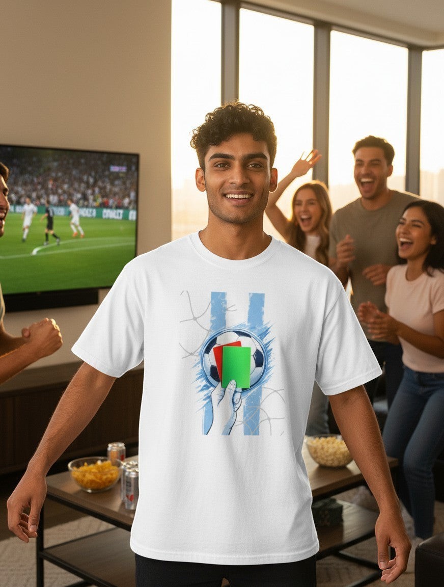 Print 999 white poly-cotton unisex graphic t-shirt featuring a soccer ball and referee cards, worn by a smiling man.