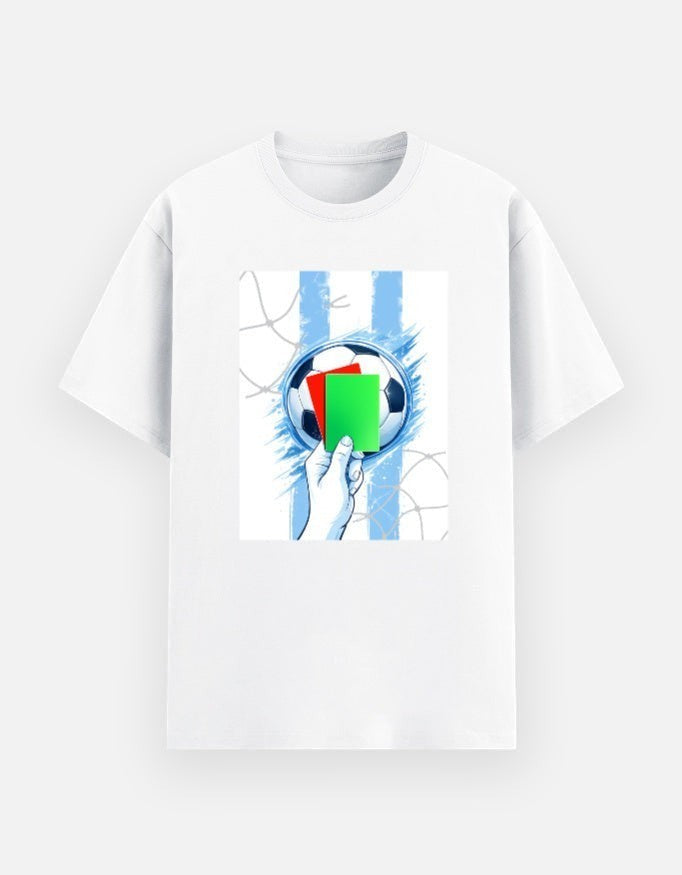 Print 999 white poly-cotton unisex t-shirt featuring a World Cup graphic with a soccer ball and referee cards.