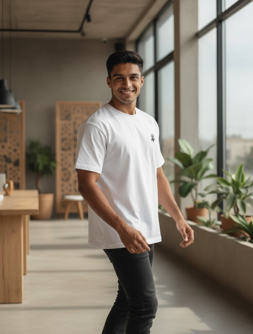 A man wearing a Print 999 white oversized heavyweight cotton t-shirt with a minimal black Shiva Trishul chest print.