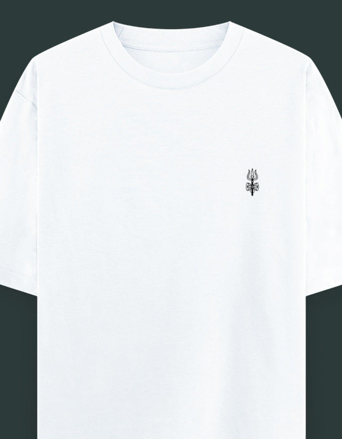 Print 999 white oversized heavyweight cotton t-shirt featuring a minimal black Shiva Trishul line art chest print