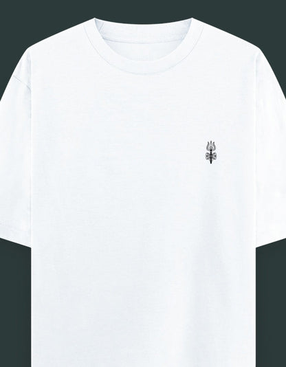 Print 999 white oversized heavyweight cotton t-shirt featuring a minimal black Shiva Trishul line art chest print